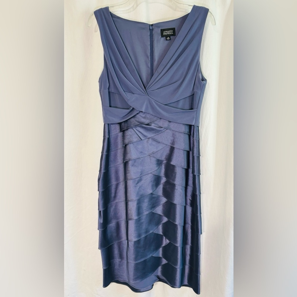 Adrianna Papell Crossover Bodice Shutter Tiered Periwinkle Blue Dress Size 12